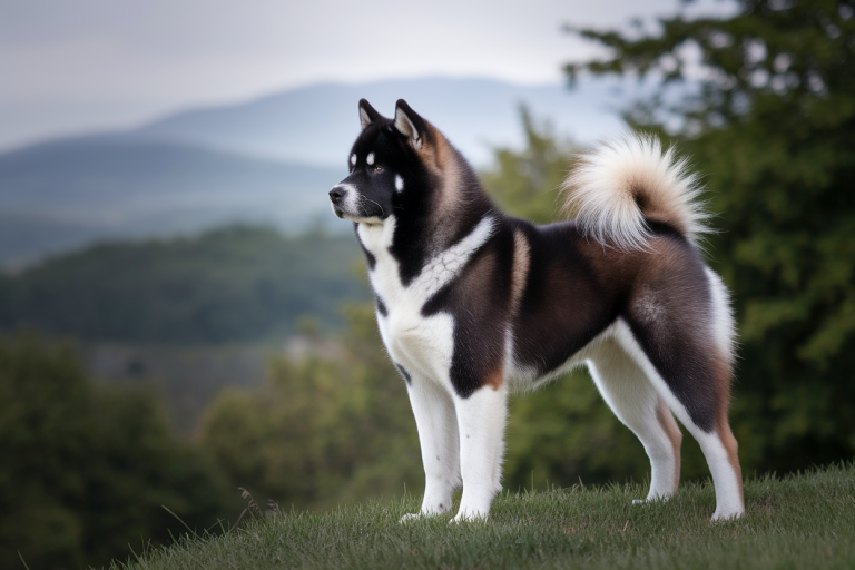 akita-inu-poil-long-colline-herbeuse-ciel-nuageux