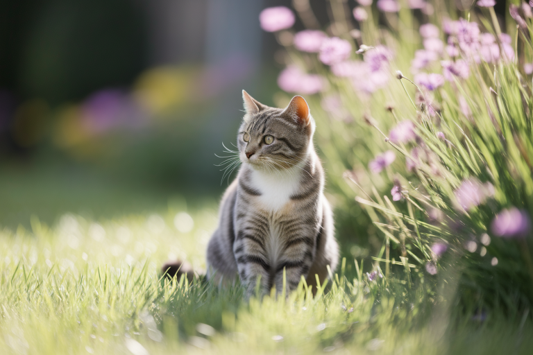 chat-curieux-jardin-fleuri-herbe-verte