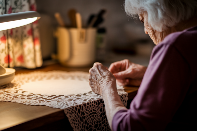 femme-agee-dos-napperon-dentelle-table