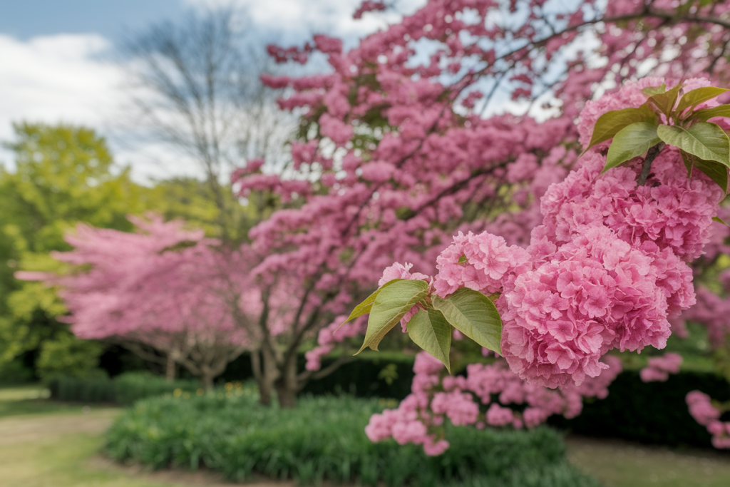 jardin-arbres-roses-ciel-bleu
